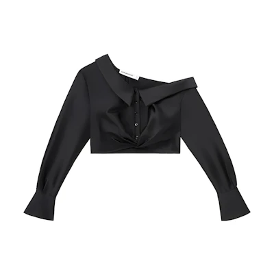 (Women) Self-Portrait Asymmetric Square Neck Long Sleeve Shirt - Classic Black SWF352C03400