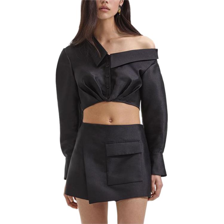 Lookbook (W) Self-Portrait 不對稱方領長袖襯衫 - 經典黑 SWF352C03400