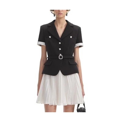 (Women) Self-Portrait Black & White V-Neck Short Sleeve Mini Dress SWF354Y11800