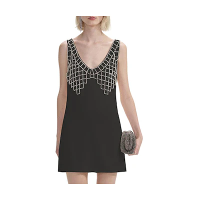 (Women) Self-Portrait Black A-Line V-Neck Sleeveless Dress with Crystal Details SWF353Y09300