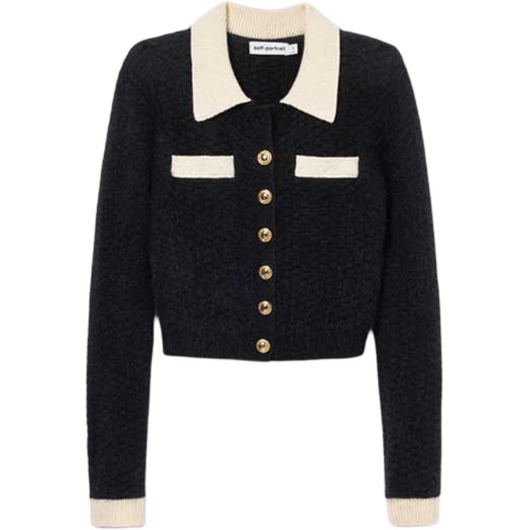 (Women) Self-Portrait  Black and White Knit Sweater with Turn-Down Collar. SWF361M02900