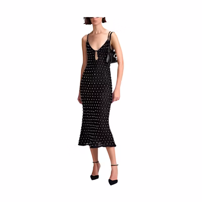 (Women) Self-Portrait Black Beaded Fishtail Slip Dress SWF342M07300