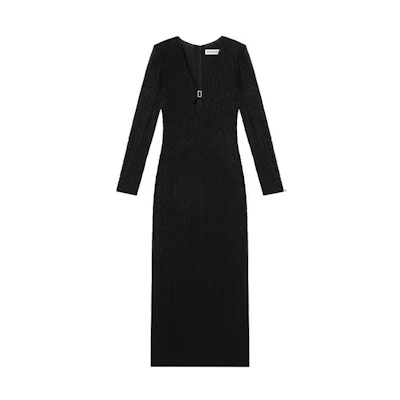 (Women) Self-Portrait Black Beaded V-Neck Slim Midi Long-Sleeve Dress SWF352Y15400