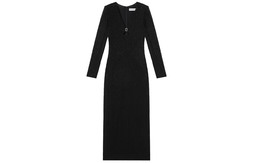 (Women) Self-Portrait  Black Beaded V-Neck Slim Midi Long-Sleeve Dress SWF352Y15400 圖 2