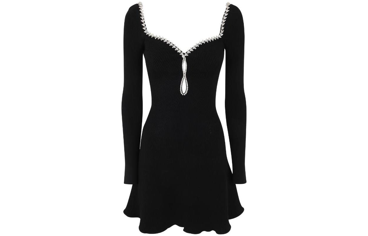 (Women) Self-Portrait  Black Crystal Pendant Long-Sleeve Square-Neck Dress PF23120SB