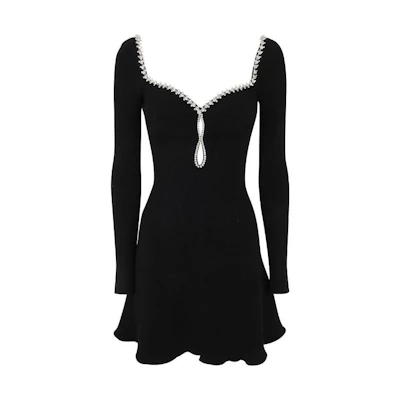 (Women) Self-Portrait Black Crystal Pendant Long-Sleeve Square-Neck Dress PF23120SB