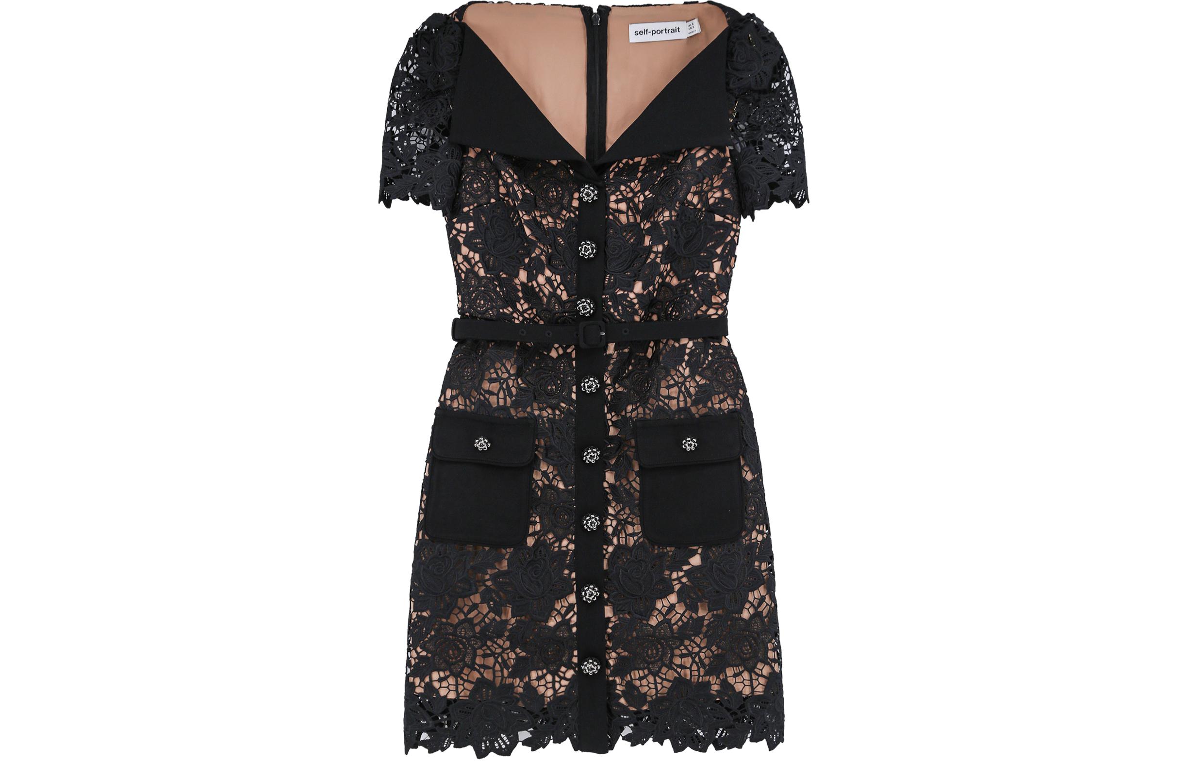 (Women) Self-Portrait  Black Floral Lace V-Neck Short Sleeve Mini Dress RS24126SBBLACK