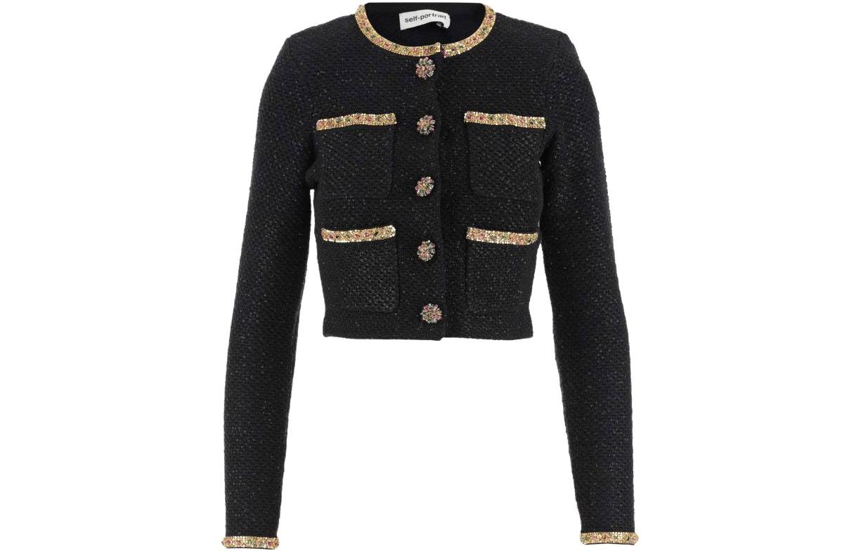 (Women) Self-Portrait  Black Jewel Button Long Sleeve Knit Sweater AW23167JBBLACK