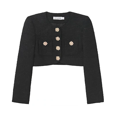 (Women) Self-Portrait Black Knit Cardigan - Short, Solid, Classic Chanel Style. SWF351T00200