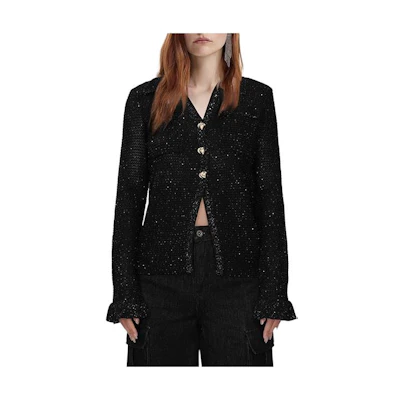 (Women) Self-Portrait Black Knit Cardigan Top with Rhinestone Trim SWF352M06600