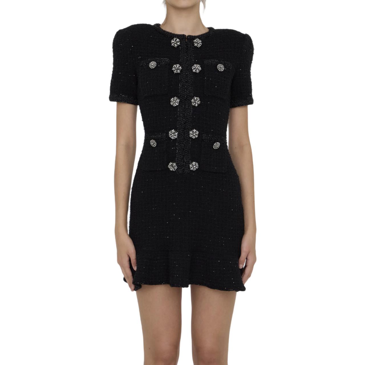 (Women) Self-Portrait  Black Knit Short Sleeve Mini Dress AW24085SBLACK