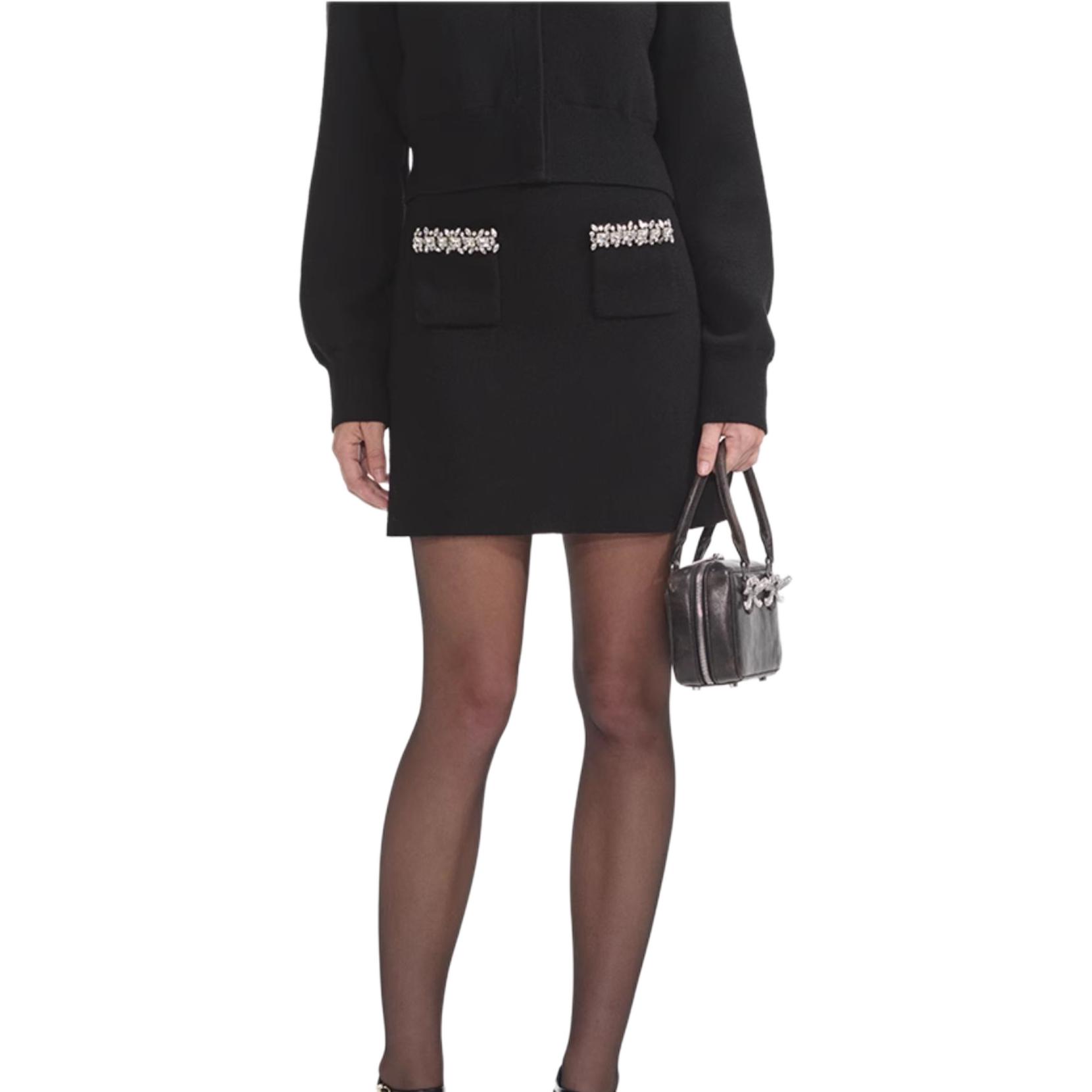 (Women) Self-Portrait  Black Knit Skirt with Rhinestone Detail SWF361M01600