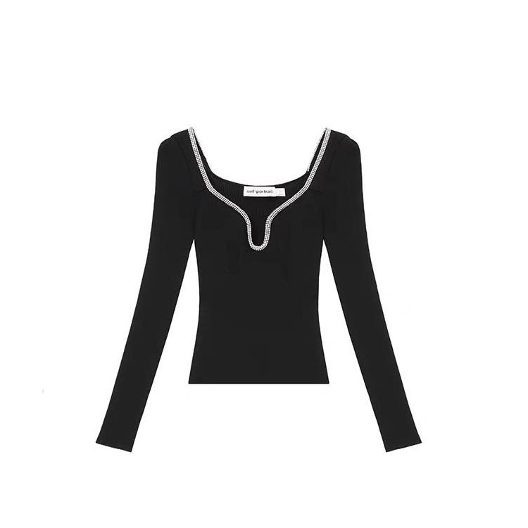 (Women) Self-Portrait  Black Knit Top with Elegant Embellished Collar. SWF351M02000