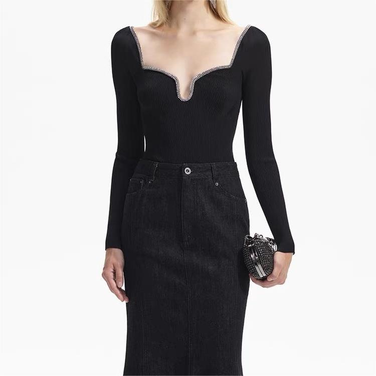 Details for (W) 셀프 포트레이트 블랙 니트 탑 우아한 장식 칼라. SWF351M02000