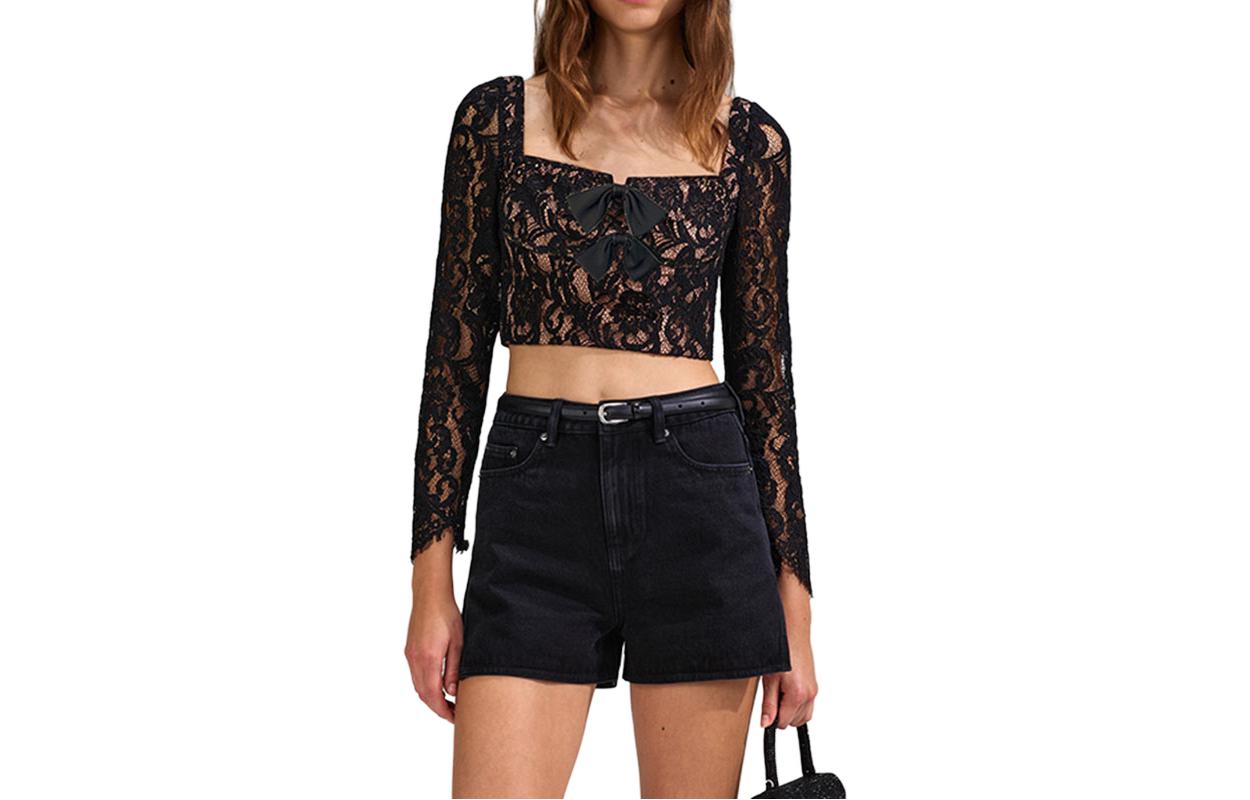 (Women) Self-Portrait  Black Lace Long Sleeve Crop Shirt SWF342C02700