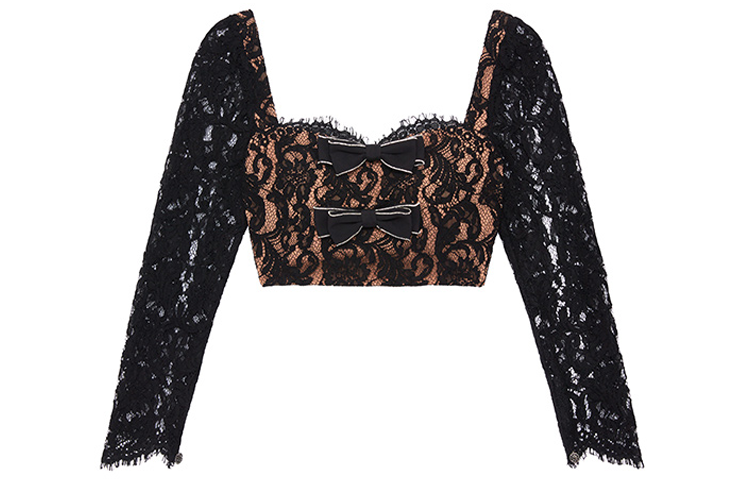 Shop (W) Self-Portrait 黑色長袖蕾絲短版上衣 SWF342C02700