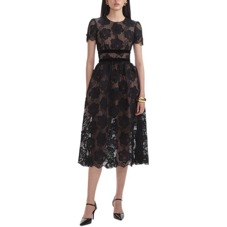 (Women) Self-Portrait  Black Lace Midi Dress - Classic Short-Sleeve Design SWF354Y12300