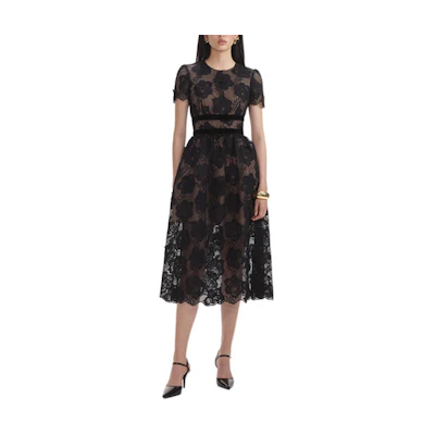 (Women) Self-Portrait Black Lace Midi Dress - Classic Short-Sleeve Design SWF354Y12300
