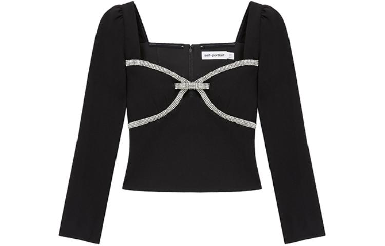 (Women) Self-Portrait  Black Long Sleeve Crepe Embellished Square Neck Top. SWF351C01100