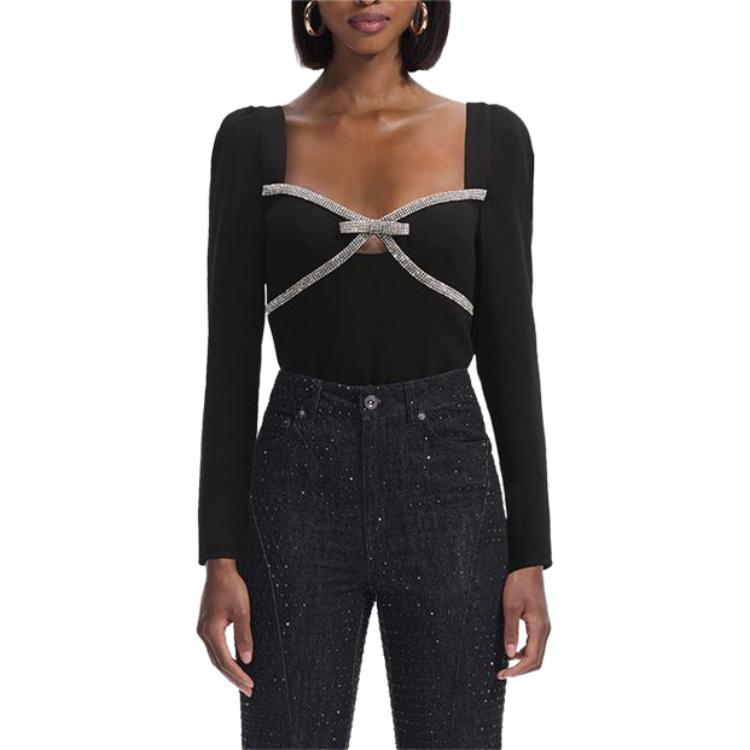 Lookbook (W) Self-Portrait 黑色長袖方領裝飾緞面上衣 SWF351C01100