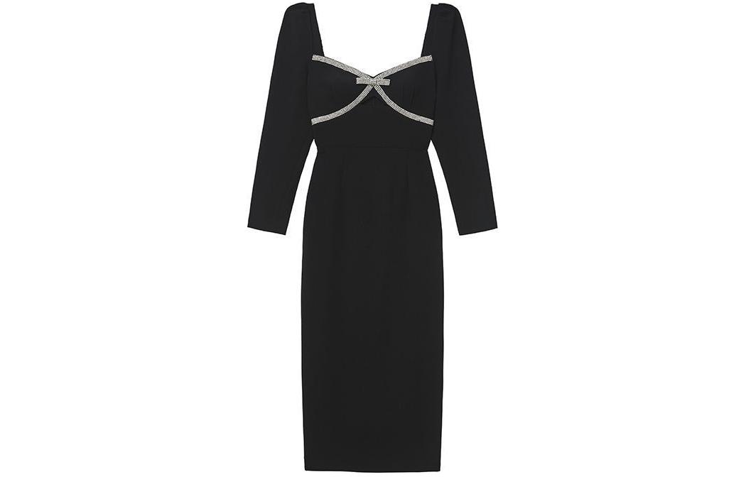 (Women) Self-Portrait  Black Long Sleeve Draped U-Neck Dress with Rhinestones SWF351Y00800