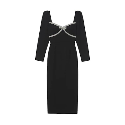 (Women) Self-Portrait Black Long Sleeve Draped U-Neck Dress with Rhinestones SWF351Y00800