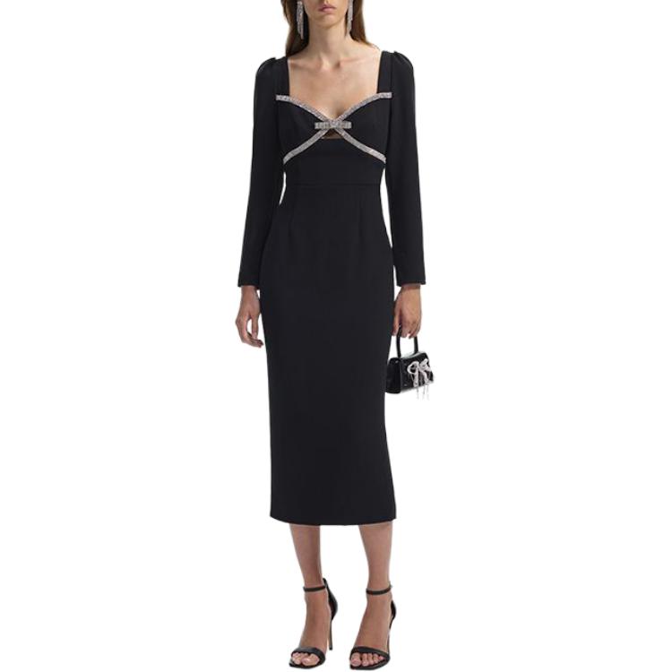 (Women) Self-Portrait  Black Long Sleeve Draped U-Neck Dress with Rhinestones SWF351Y00800 圖 3