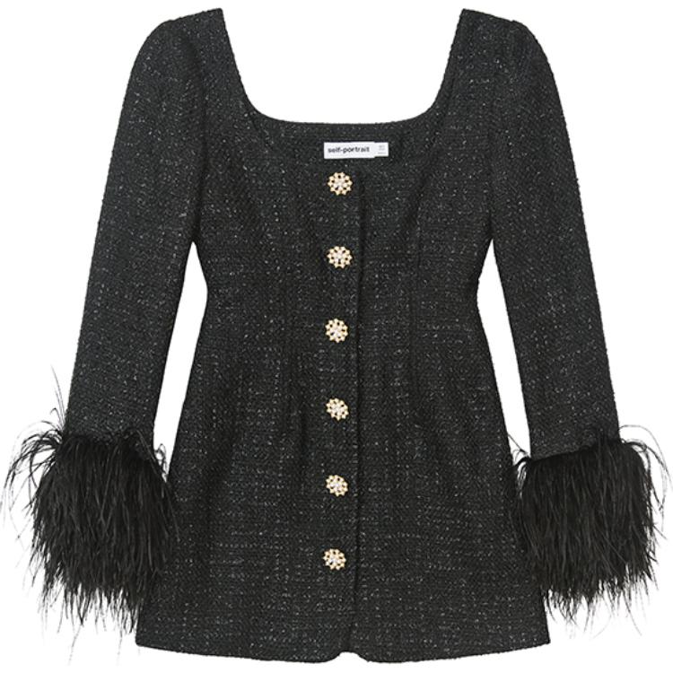 (Women) Self-Portrait  Black Long Sleeve Dress with Diamond Buttons SWF351Y01500