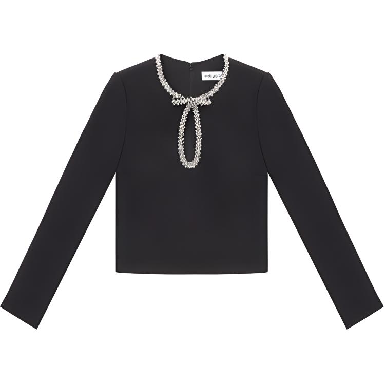 (Women) Self-Portrait  Black Long Sleeve Jewel Neck Crepe T-Shirt. SWF351C02300