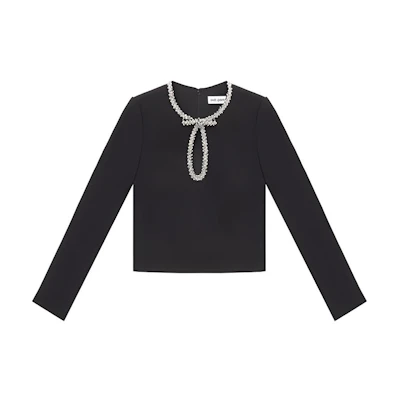 (Women) Self-Portrait Black Long Sleeve Jewel Neck Crepe T-Shirt. SWF351C02300