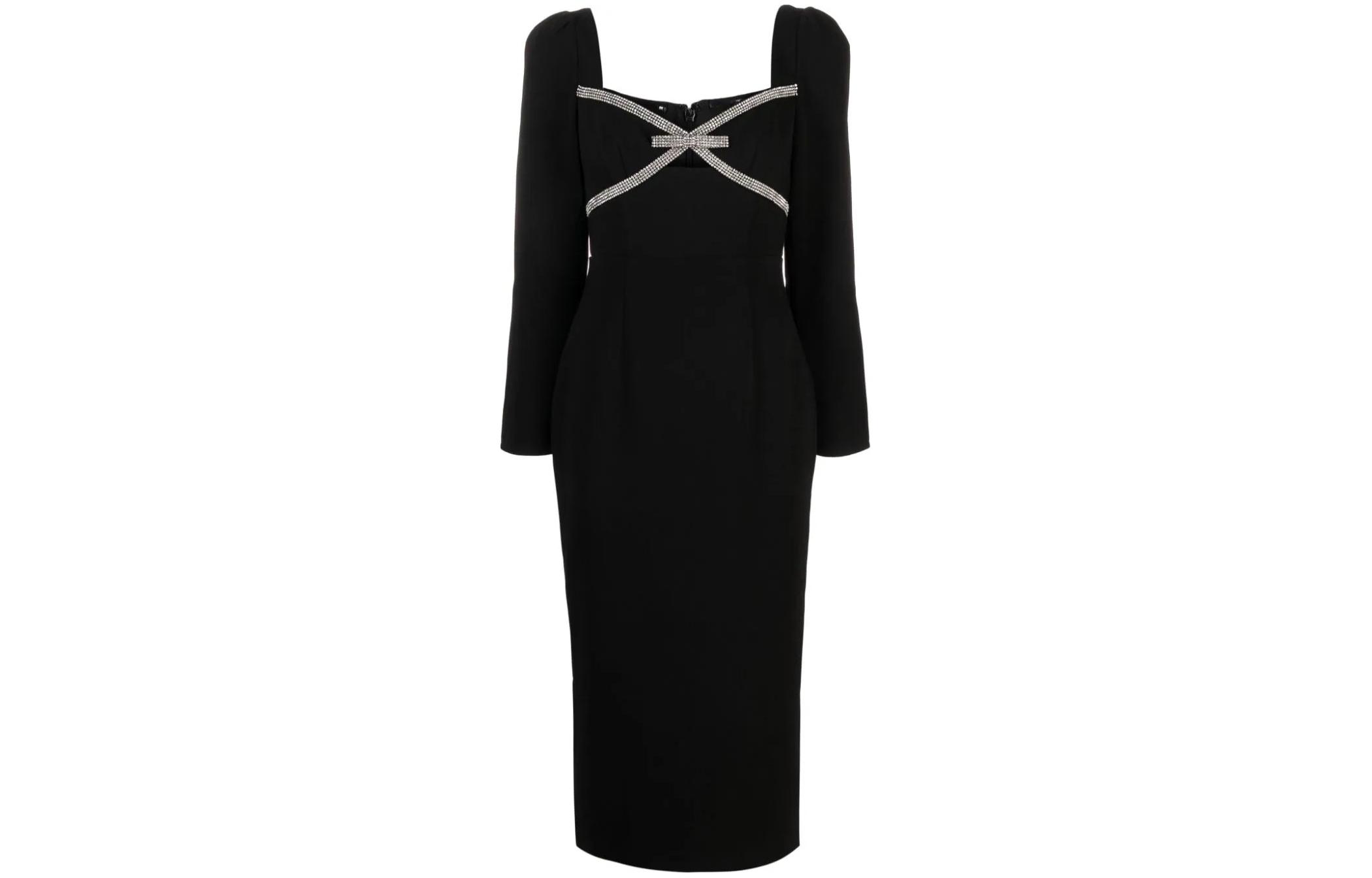 (Women) Self-Portrait  Black Long Sleeve Midi Dress with Square Neckline RS24030MAB