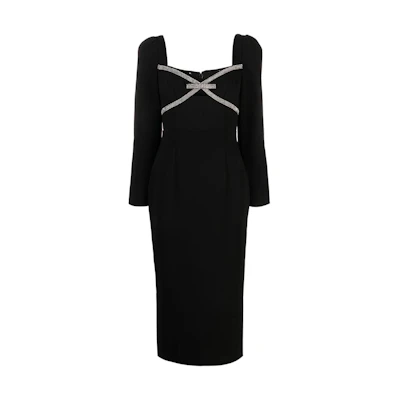 (Women) Self-Portrait Black Long Sleeve Midi Dress with Square Neckline RS24030MAB