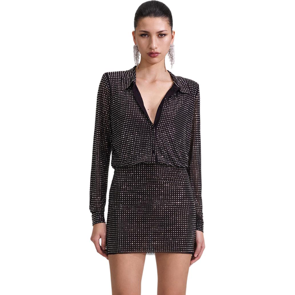 (Women) Self-Portrait  Black Long Sleeve Polo Neck Bodycon Mini Dress SWF343Y03800