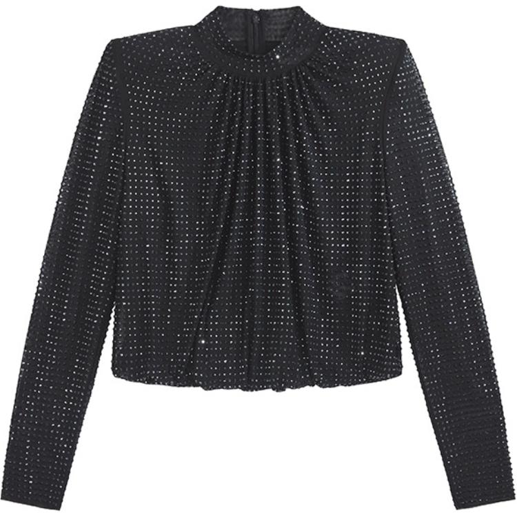 (Women) Self-Portrait  Black Long Sleeve Shirt with Starry Rhinestone Details SWF344C02500