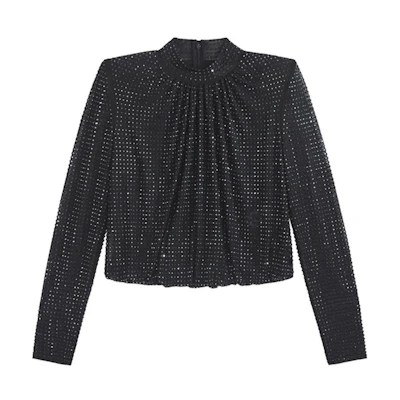 (Women) Self-Portrait Black Long Sleeve Shirt with Starry Rhinestone Details SWF344C02500