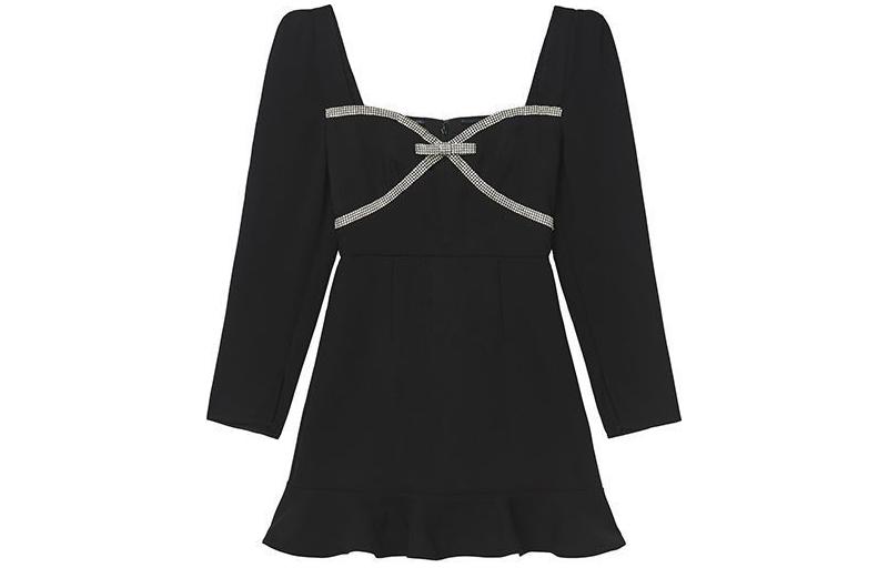 (Women) Self-Portrait  Black Long Sleeve Square Neck Mini Dress SWF351Y00900