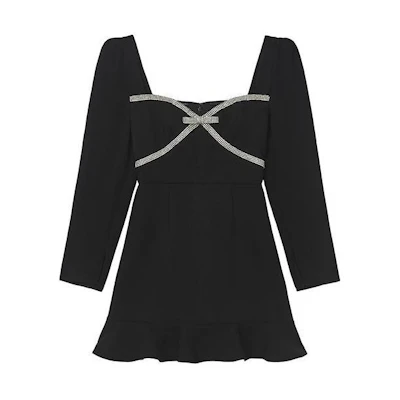 (Women) Self-Portrait Black Long Sleeve Square Neck Mini Dress SWF351Y00900