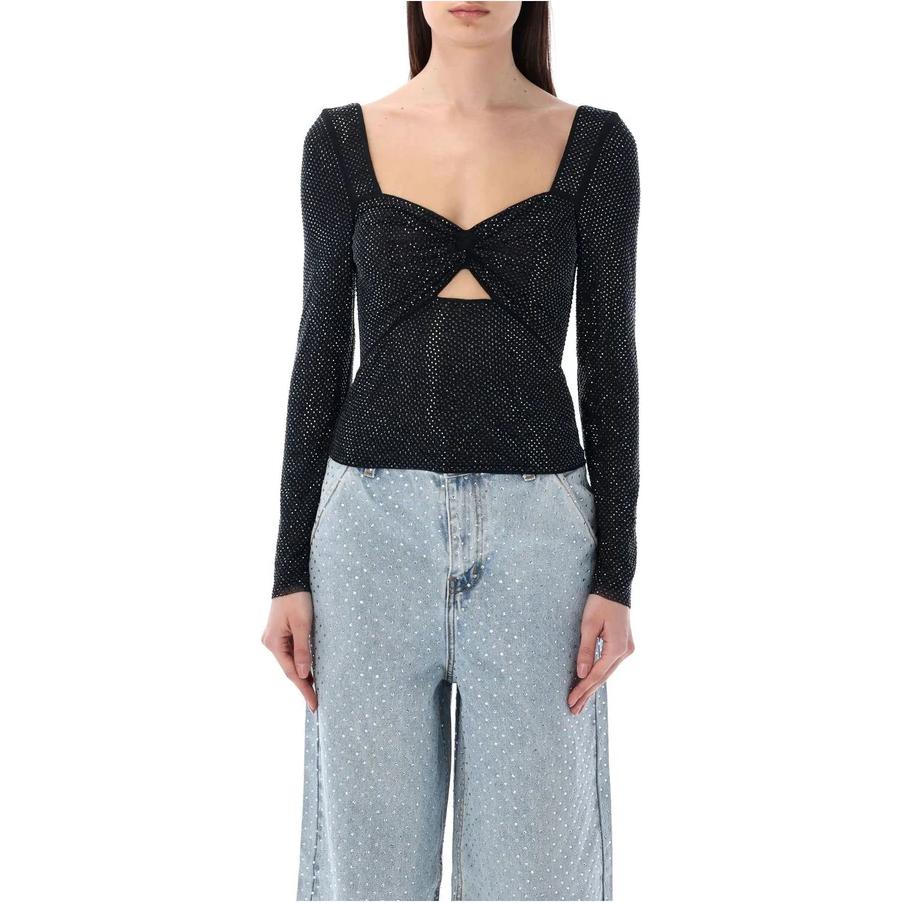 (Women) Self-Portrait  Black Mesh Square Neck Long Sleeve Slim Fit Top 24PRS24019TBJS