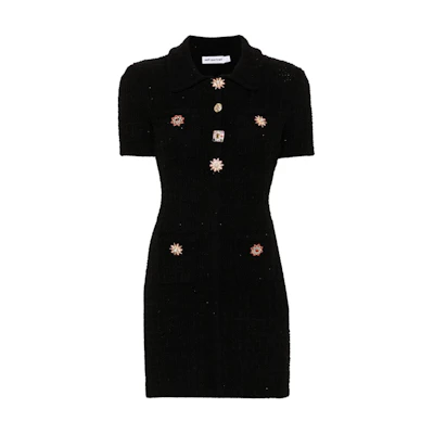 (Women) Self-Portrait Black Mid-Length Slim Fit Dress with Jewel Buttons. PF24041S-BLACK
