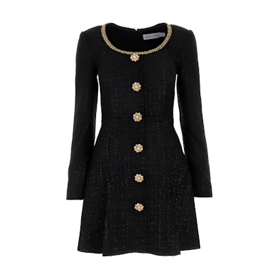 (Women) Self-Portrait Black Midi Long-Sleeve Solid Dress RS24041SAB-BLACK