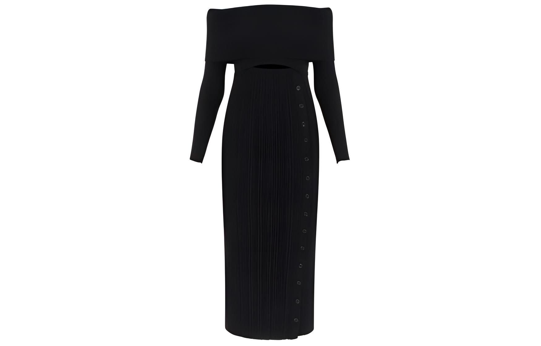 (Women) Self-Portrait  Black Off-Shoulder Long-Sleeve Midi Dress. RS24200MB