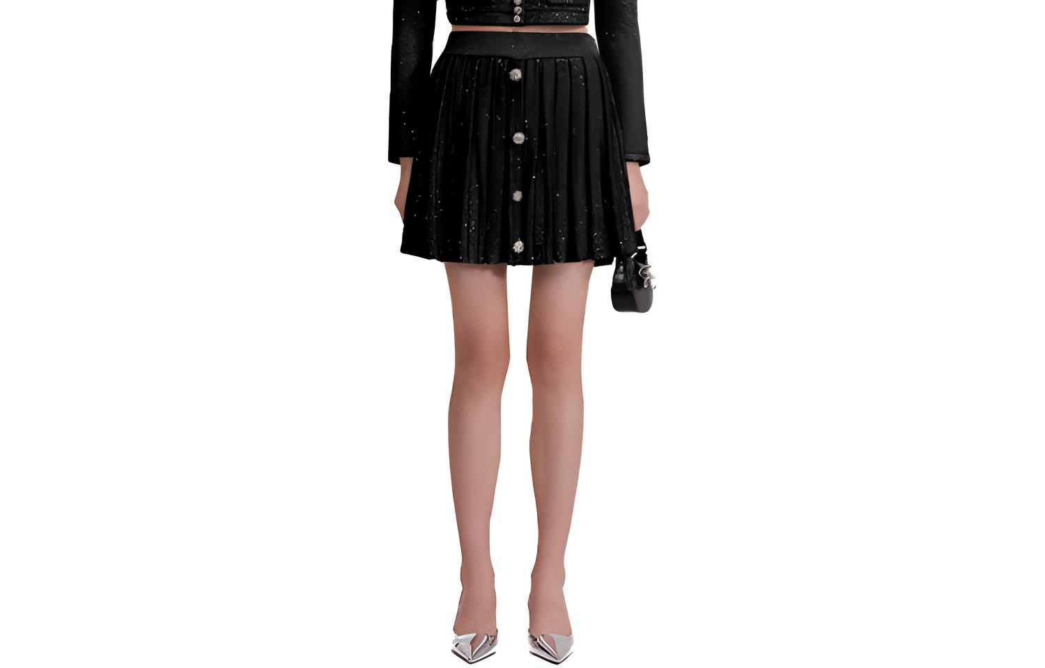 (Women) Self-Portrait  Black Pearl Trim Pleated Knit Mini Skirt - Black. SWF343M02000911