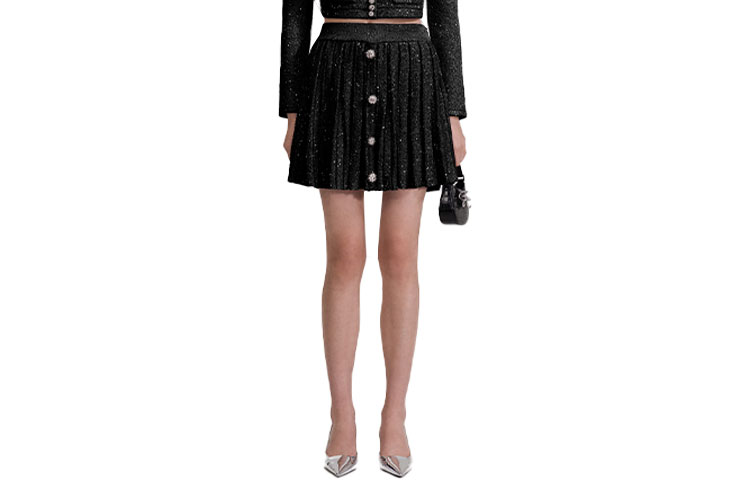 (Women) Self-Portrait  Black Pearl Trim Pleated Knit Mini Skirt - Black. SWF343M02000911 圖 2