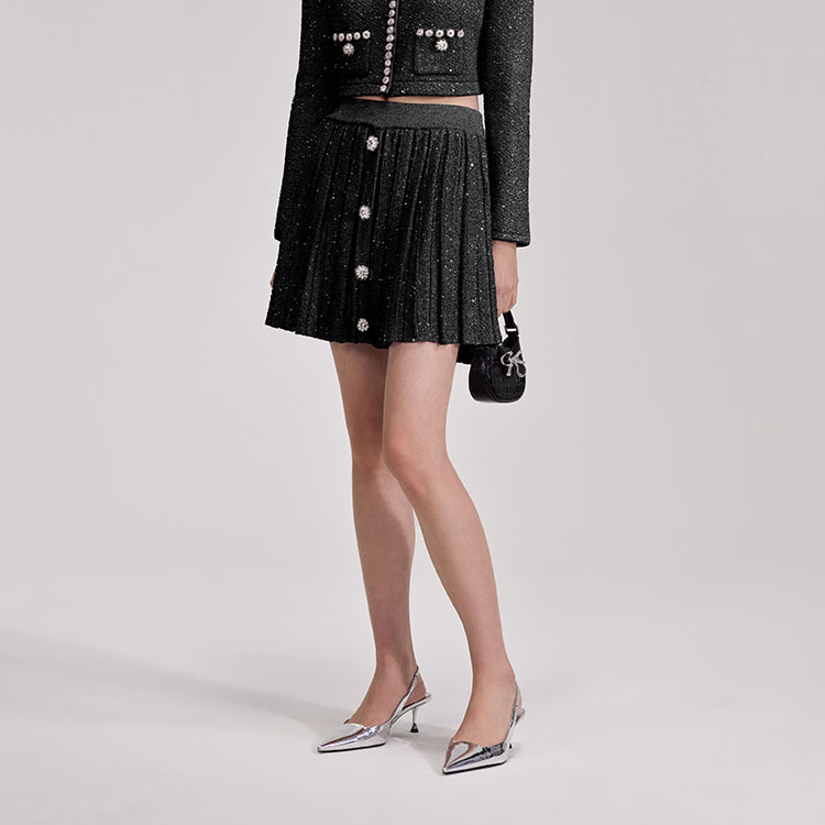 (Women) Self-Portrait  Black Pearl Trim Pleated Knit Mini Skirt - Black. SWF343M02000911 圖 3
