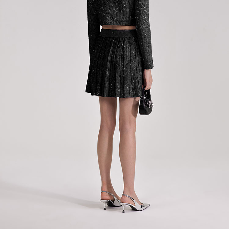 (Women) Self-Portrait  Black Pearl Trim Pleated Knit Mini Skirt - Black. SWF343M02000911 圖 4