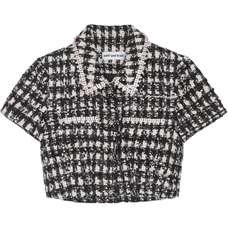 (Women) Self-Portrait  Black Plaid Short Sleeve Shirt with Rhinestone Collar. SWF344C03900