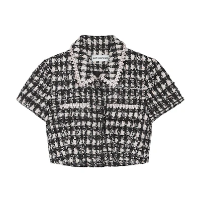 (Women) Self-Portrait Black Plaid Short Sleeve Shirt with Rhinestone Collar. SWF344C03900