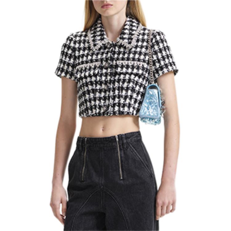 Purchase (W) Self-Portrait 黑色格紋短袖襯衫搭配水鑽衣領 SWF344C03900