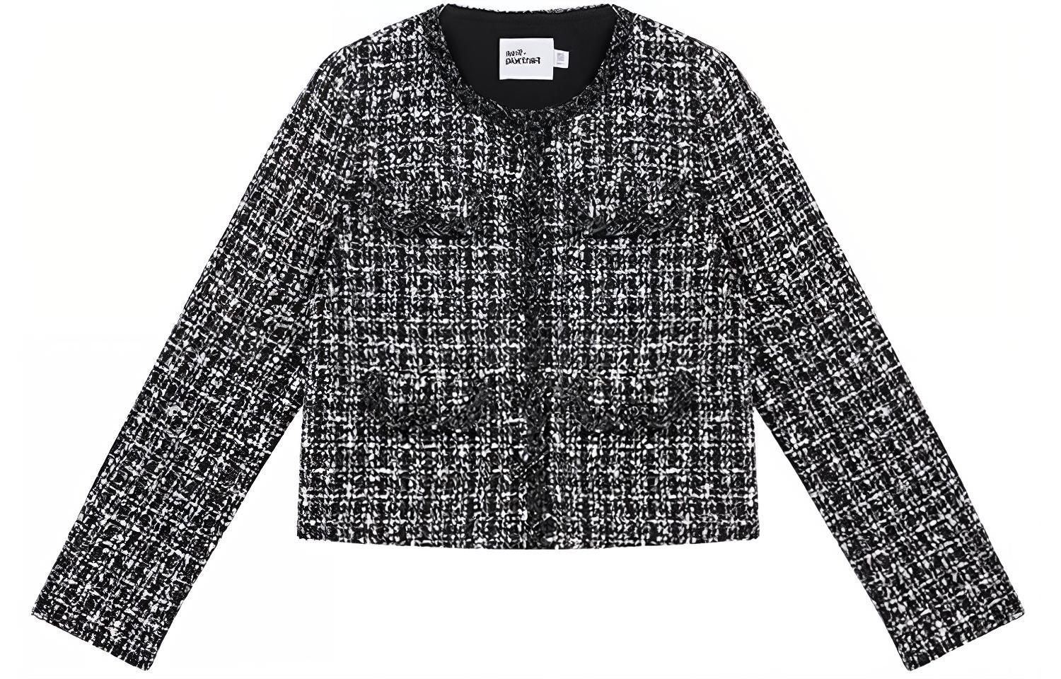 (Women) Self-Portrait  Black Plaid Tweed Casual Jacket with Round Neck. SWF352T02000