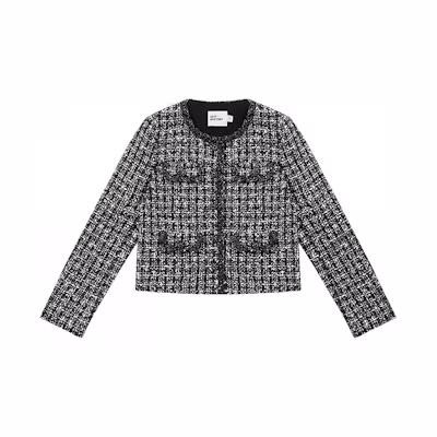 (Women) Self-Portrait Black Plaid Tweed Casual Jacket with Round Neck. SWF352T02000